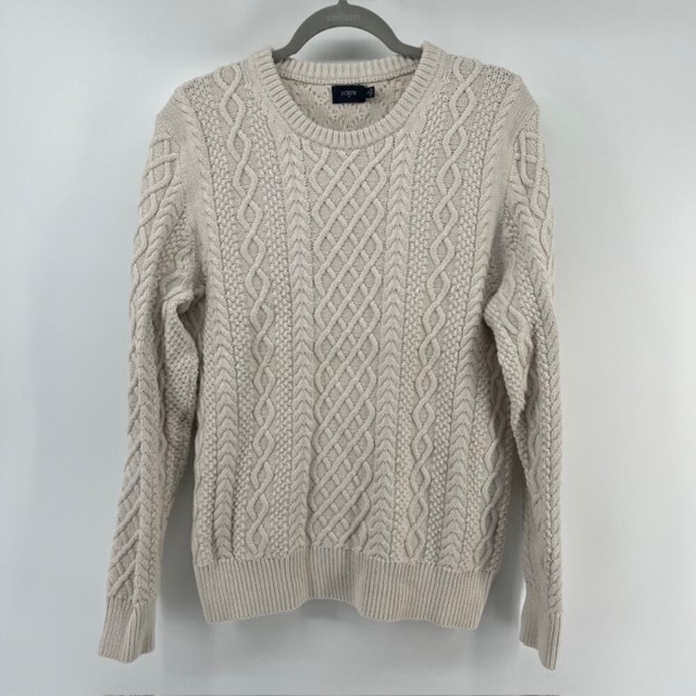 J Crew Crewneck Cable Knit Pullover Sweater Womens M Cream Beige Cotton Cottage